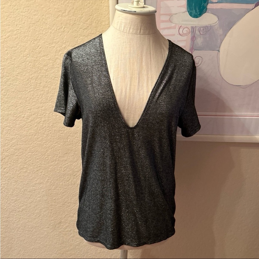 Reformation Glittery Gray Deep V Neckine Short Sleeve Shirt